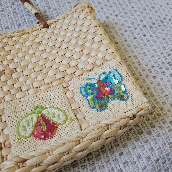 Vintage Y2K Straw Handbag Beaded Bugs Butterfly Boho Cottage Beachy Purse - Picture 3 of 7